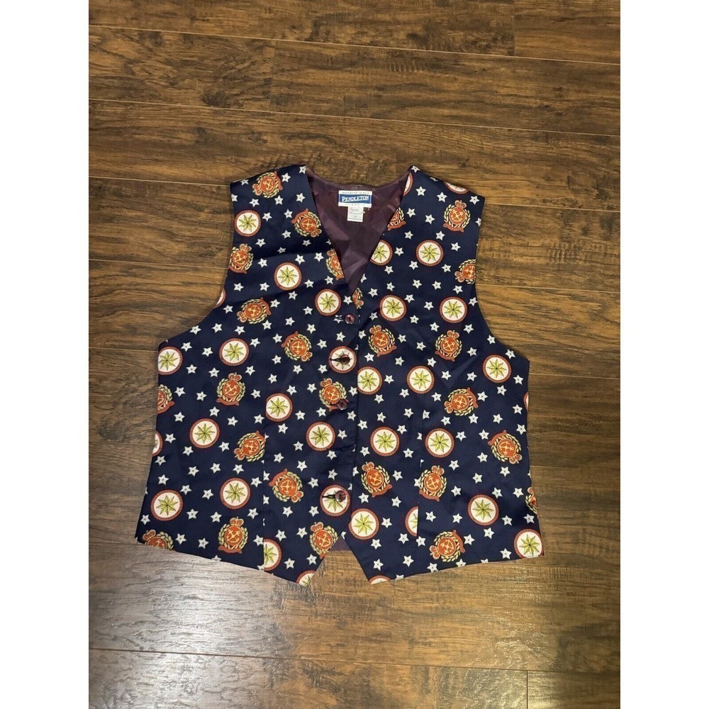 Vtg PENDLETON Sz 14 Navy Blue Nautical Print WOMENS Rayon Suit Vest